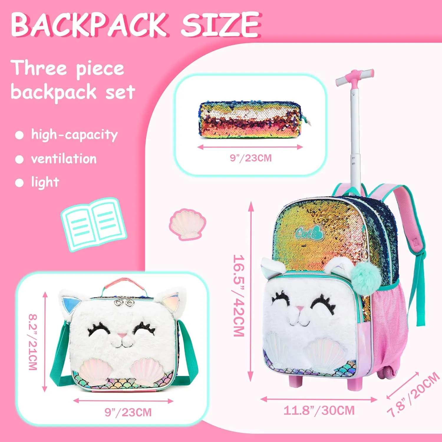 Meetbelify Cute Cat Rolling Backpack for Girls Backpacks with Wheels for Elementary School Students Kids 3 in 1 Travel Luggage Suitcase with Lunch Box Pencil Case for Girls Age 8-10