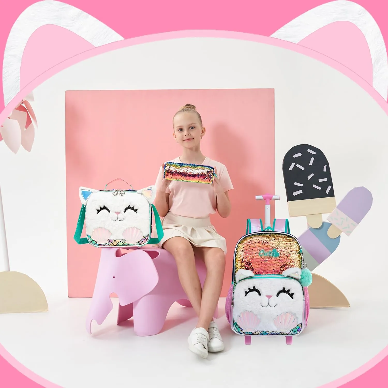 Meetbelify Cute Cat Rolling Backpack for Girls Backpacks with Wheels for Elementary School Students Kids 3 in 1 Travel Luggage Suitcase with Lunch Box Pencil Case for Girls Age 8-10