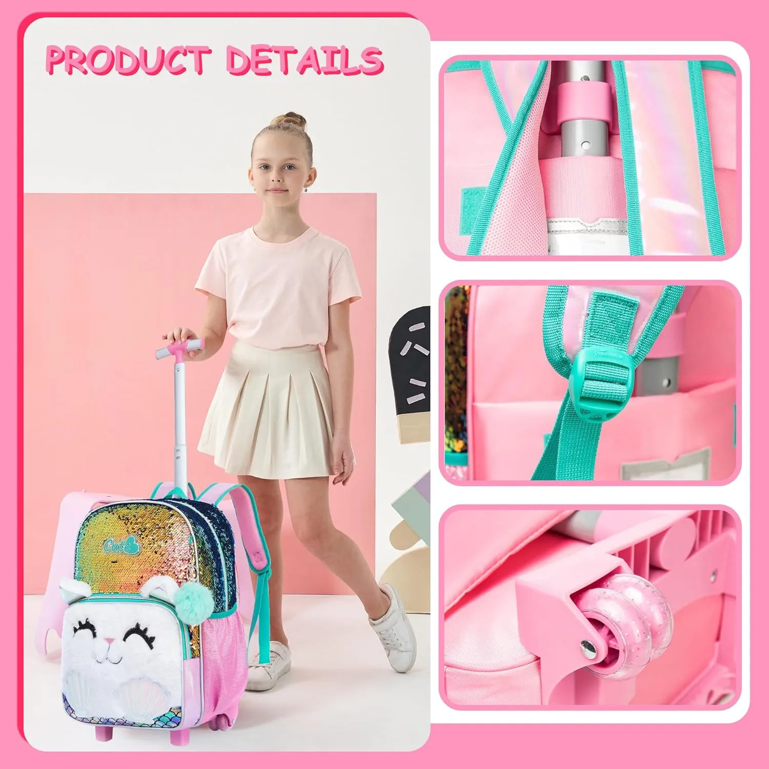 Meetbelify Cute Cat Rolling Backpack for Girls Backpacks with Wheels for Elementary School Students Kids 3 in 1 Travel Luggage Suitcase with Lunch Box Pencil Case for Girls Age 8-10