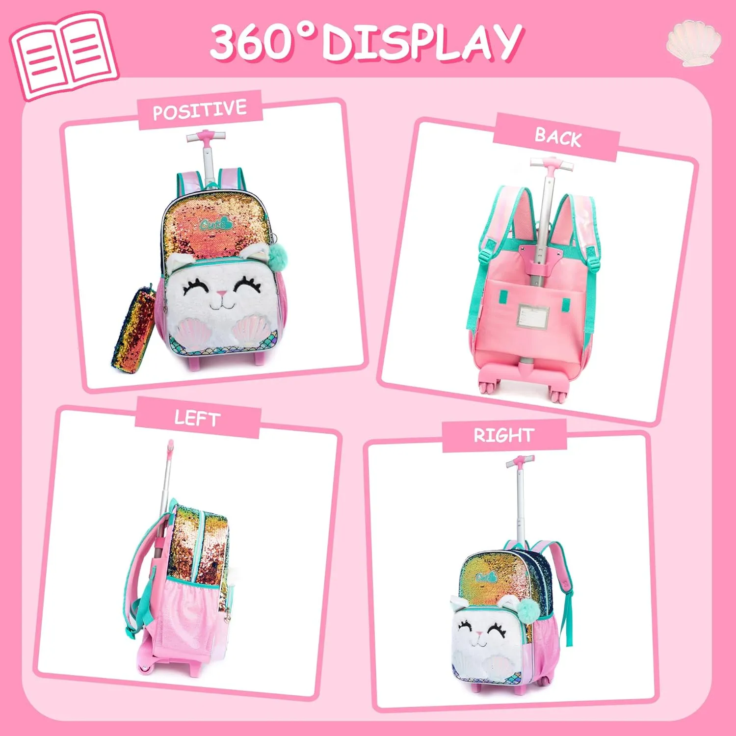 Meetbelify Cute Cat Rolling Backpack for Girls Backpacks with Wheels for Elementary School Students Kids 3 in 1 Travel Luggage Suitcase with Lunch Box Pencil Case for Girls Age 8-10