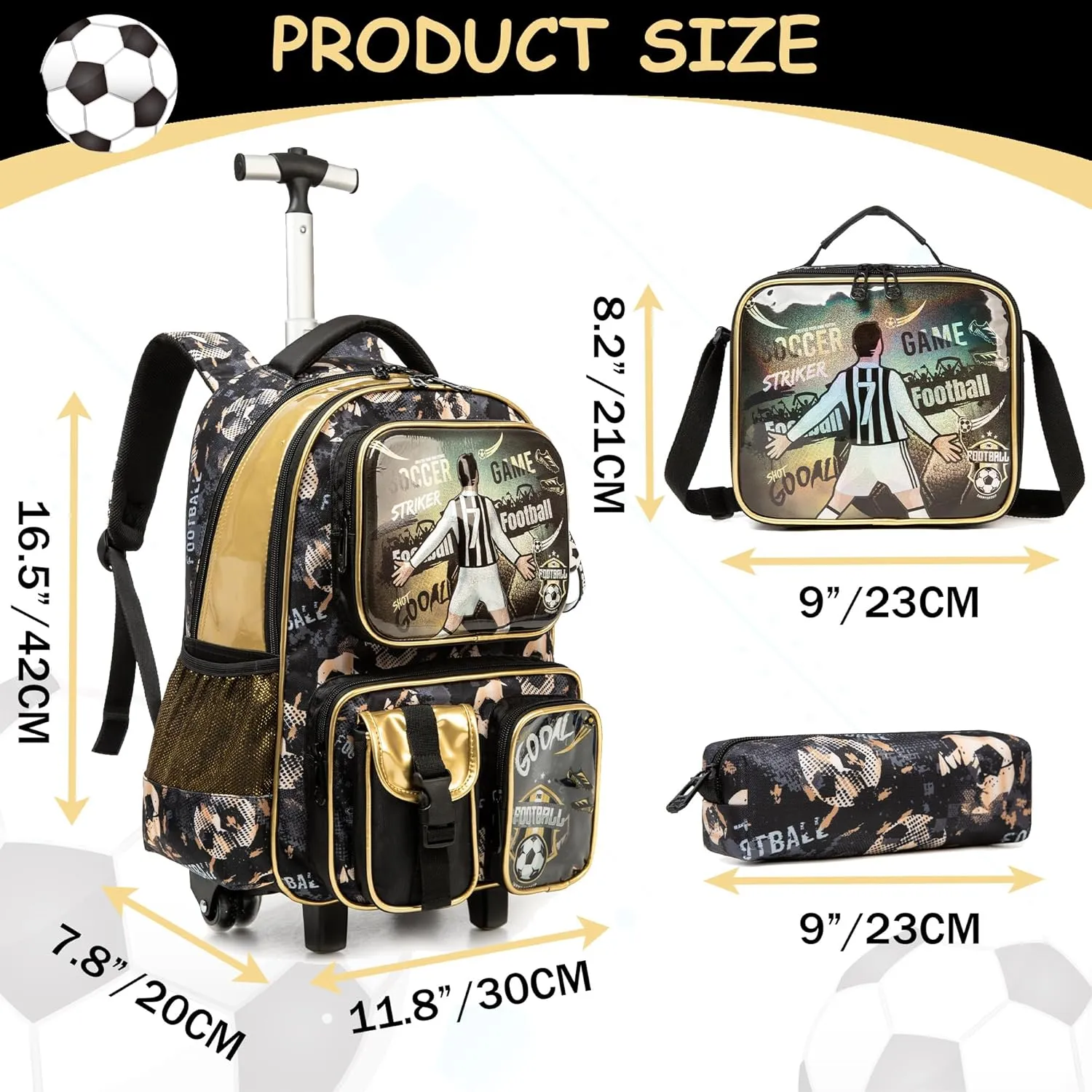 Meetbelify Kids Rolling Backpack with Wheels for Boys Rolling Backpacks with Lunch Box for Elementary School Students 3 in 1 Football Travel Luggage Suitcase for Boys Age 8-10