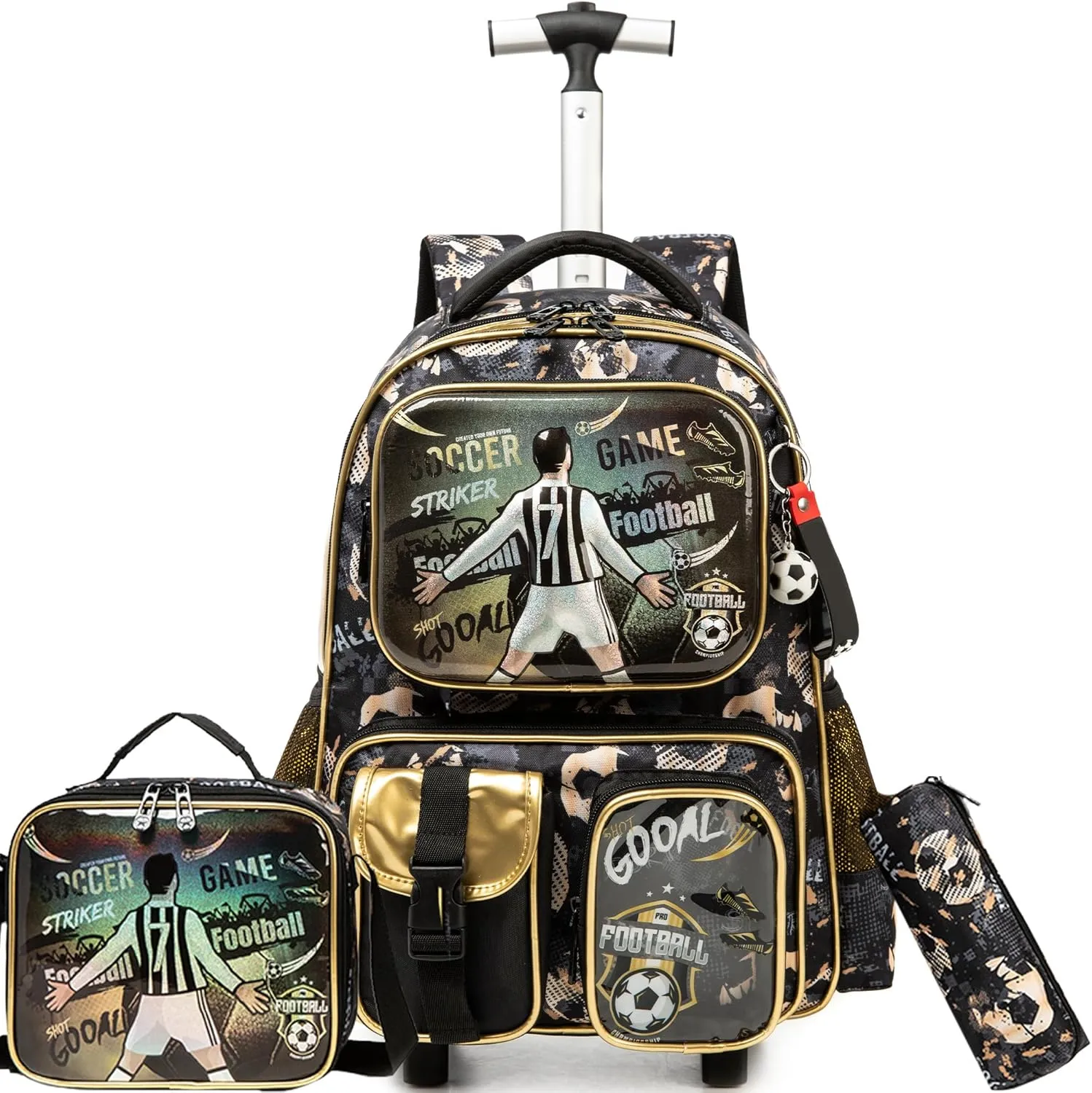 Meetbelify Kids Rolling Backpack with Wheels for Boys Rolling Backpacks with Lunch Box for Elementary School Students 3 in 1 Football Travel Luggage Suitcase for Boys Age 8-10