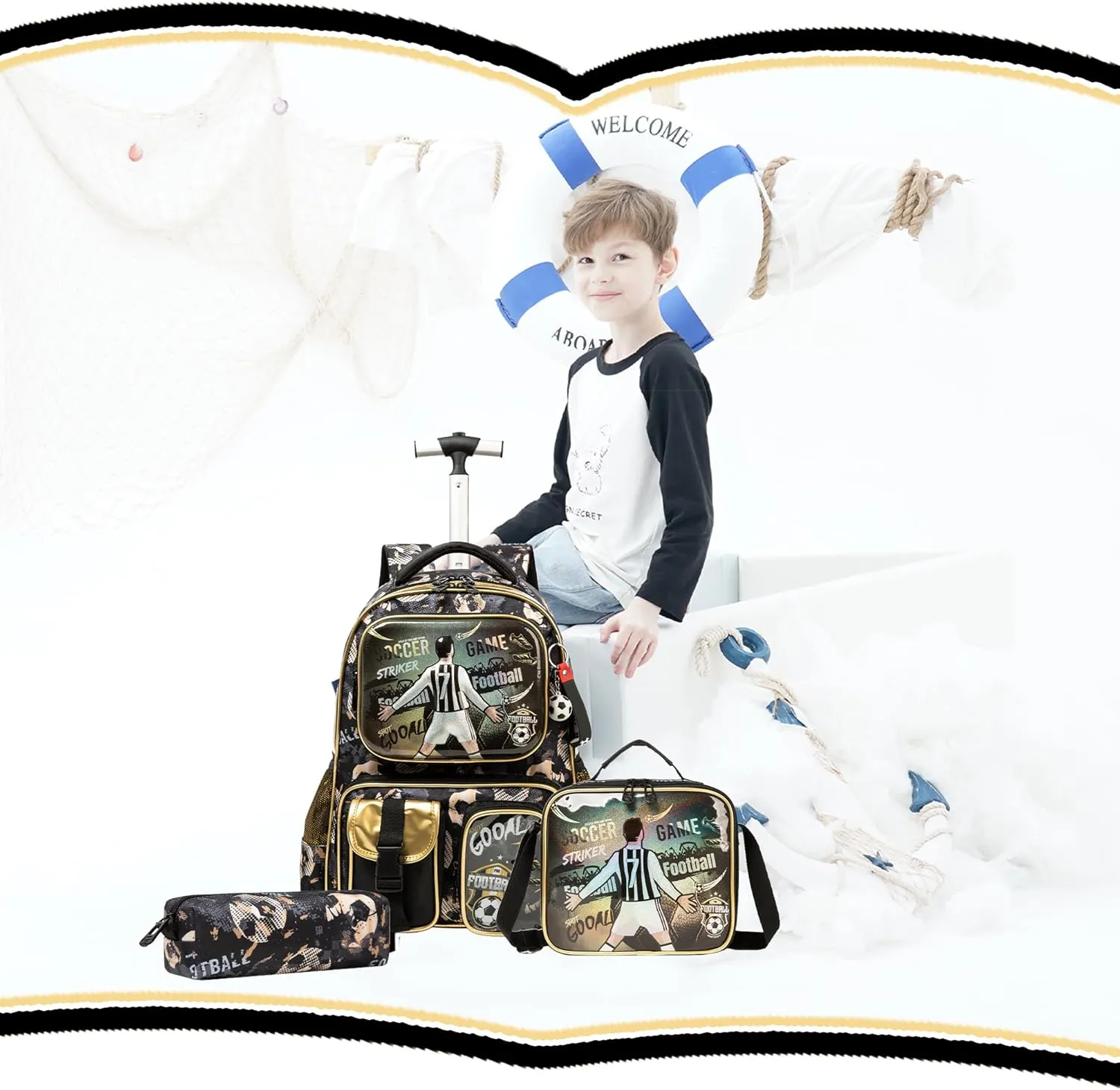 Meetbelify Kids Rolling Backpack with Wheels for Boys Rolling Backpacks with Lunch Box for Elementary School Students 3 in 1 Football Travel Luggage Suitcase for Boys Age 8-10