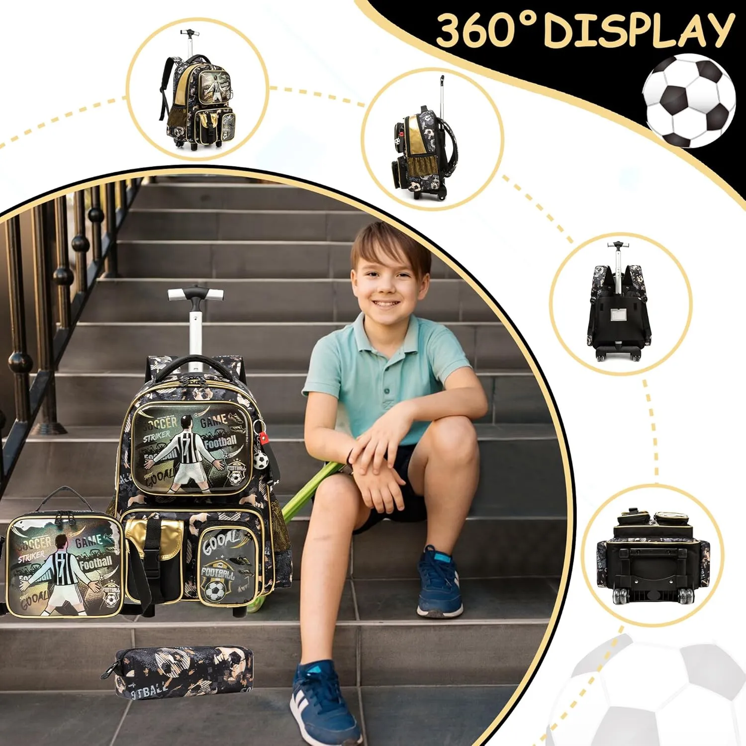 Meetbelify Kids Rolling Backpack with Wheels for Boys Rolling Backpacks with Lunch Box for Elementary School Students 3 in 1 Football Travel Luggage Suitcase for Boys Age 8-10