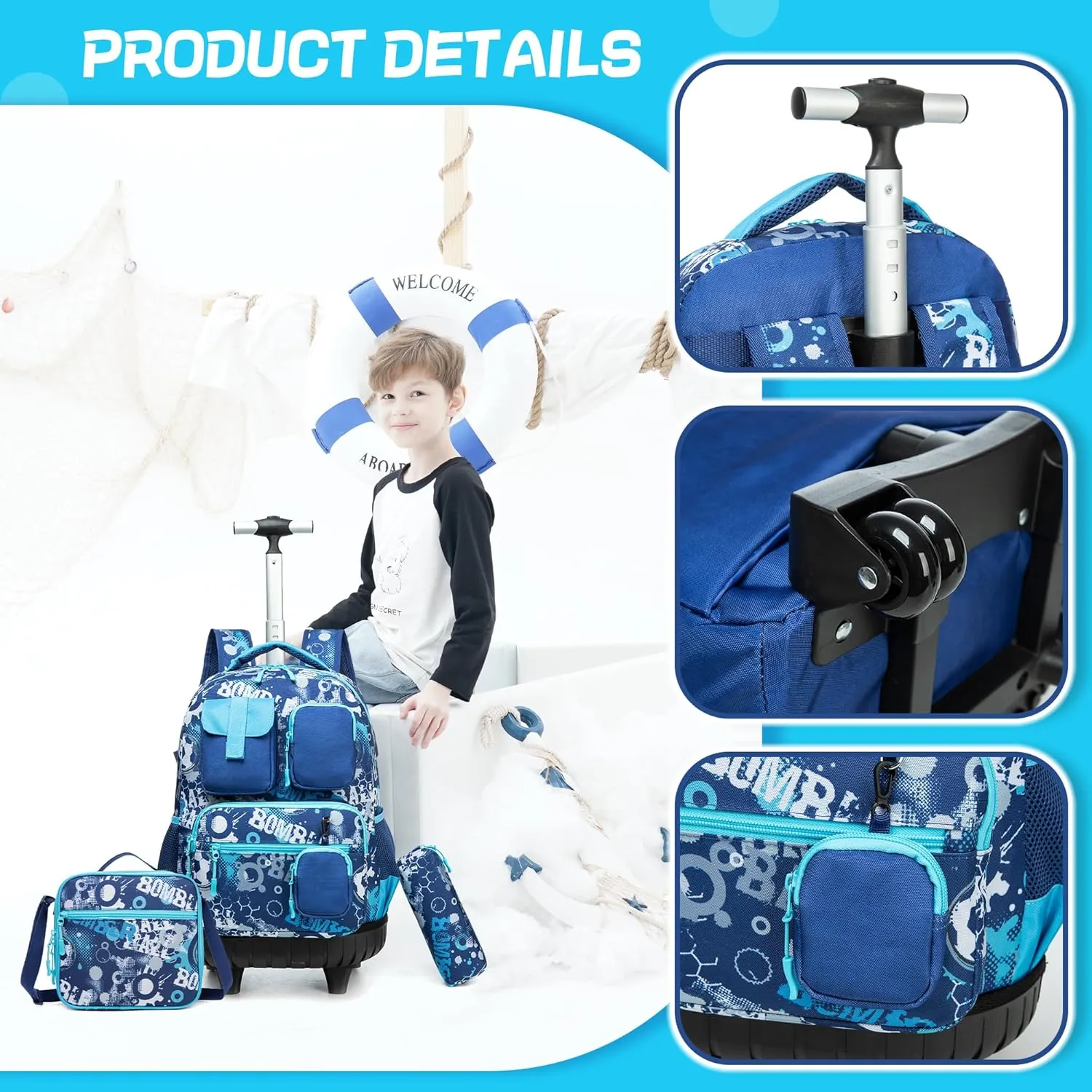 Meetbelify Rolling Backpack for Boys 3 in 1 18inch Backpack with Wheels Kids Suitcase for Boys Travel Luggage with Lunch Box Pencil Case for Elementary Students Ages 8-10 Back to School Supplies