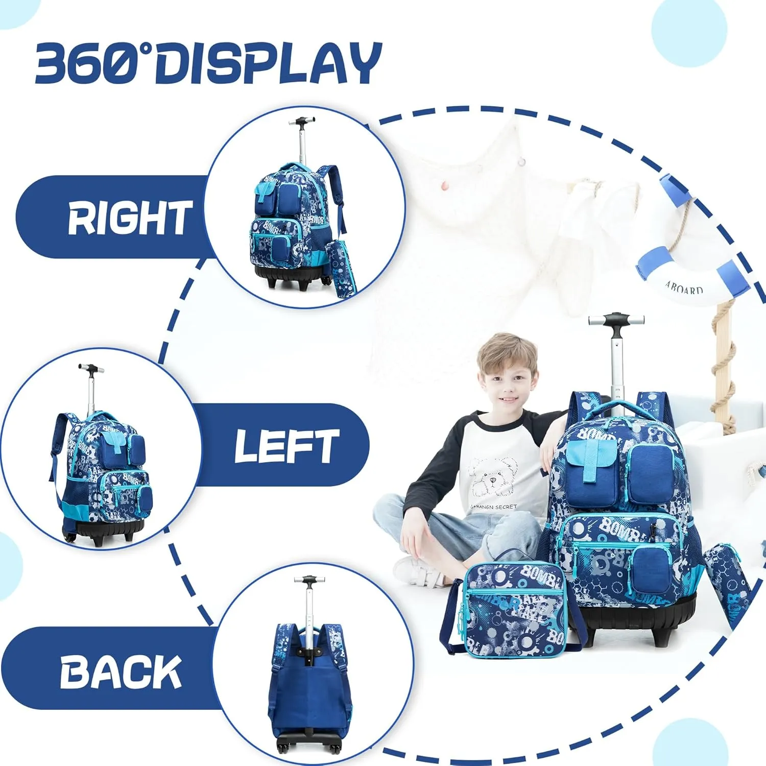 Meetbelify Rolling Backpack for Boys 3 in 1 18inch Backpack with Wheels Kids Suitcase for Boys Travel Luggage with Lunch Box Pencil Case for Elementary Students Ages 8-10 Back to School Supplies