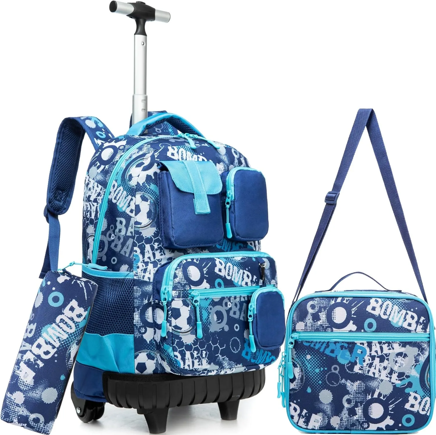 Meetbelify Rolling Backpack for Boys 3 in 1 18inch Backpack with Wheels Kids Suitcase for Boys Travel Luggage with Lunch Box Pencil Case for Elementary Students Ages 8-10 Back to School Supplies