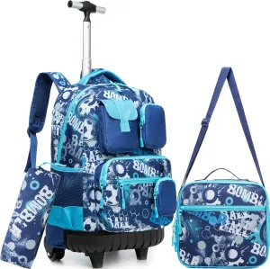 Meetbelify Rolling Backpack for Boys 3 in 1 18inch Backpack with Wheels Kids Suitcase for Boys Travel Luggage with Lunch Box Pencil Case for Elementary Students Ages 8-10 Back to School Supplies