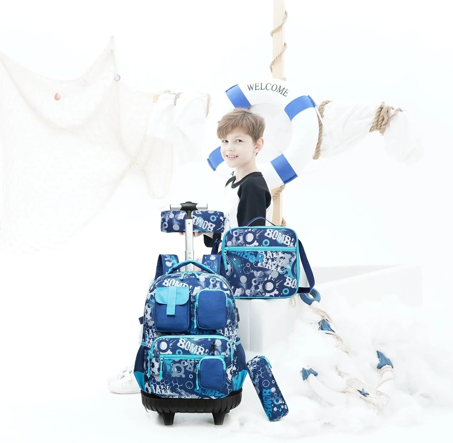 Meetbelify Rolling Backpack for Boys 3 in 1 18inch Backpack with Wheels Kids Suitcase for Boys Travel Luggage with Lunch Box Pencil Case for Elementary Students Ages 8-10 Back to School Supplies