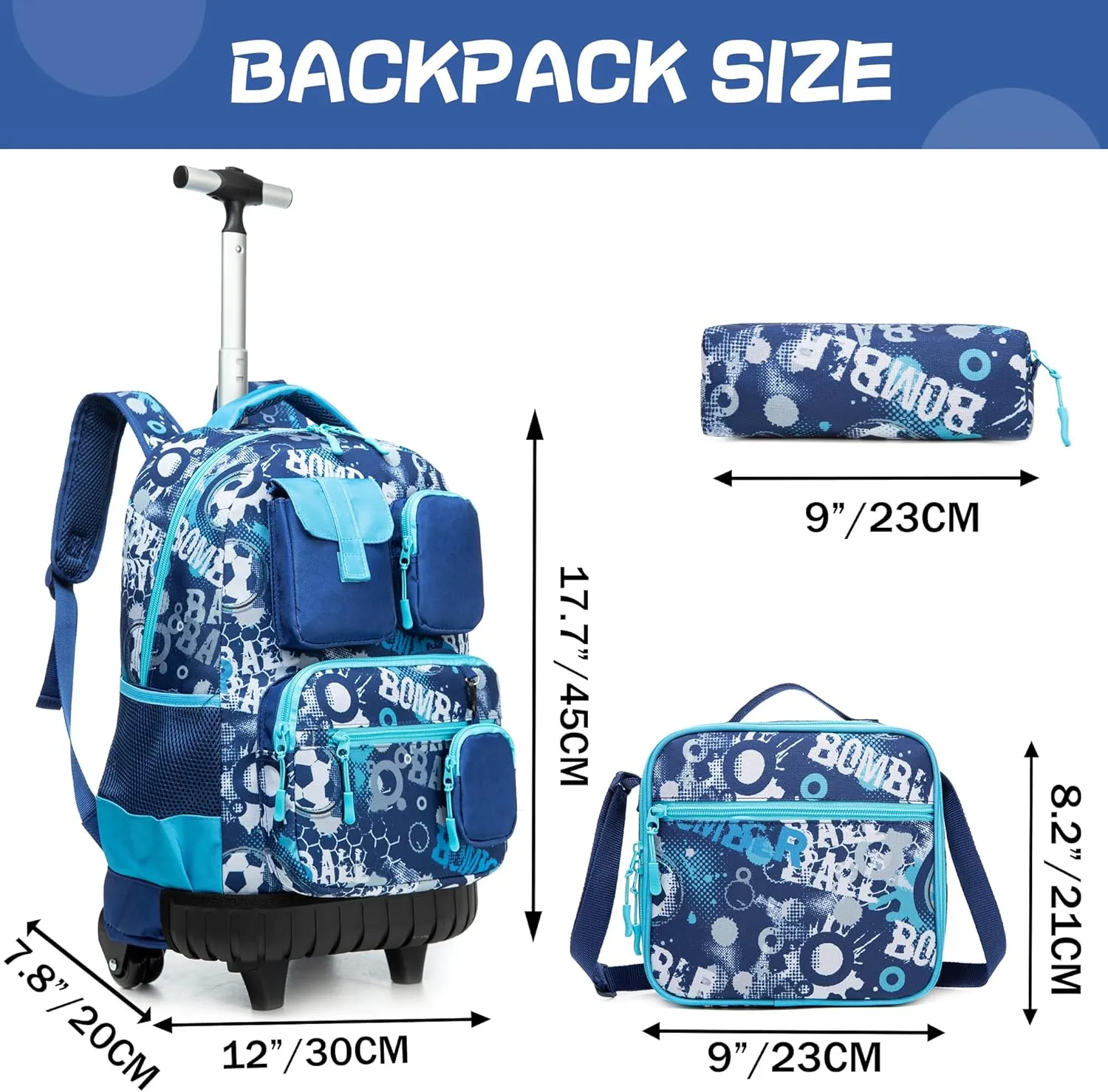 Meetbelify Rolling Backpack for Boys 3 in 1 18inch Backpack with Wheels Kids Suitcase for Boys Travel Luggage with Lunch Box Pencil Case for Elementary Students Ages 8-10 Back to School Supplies