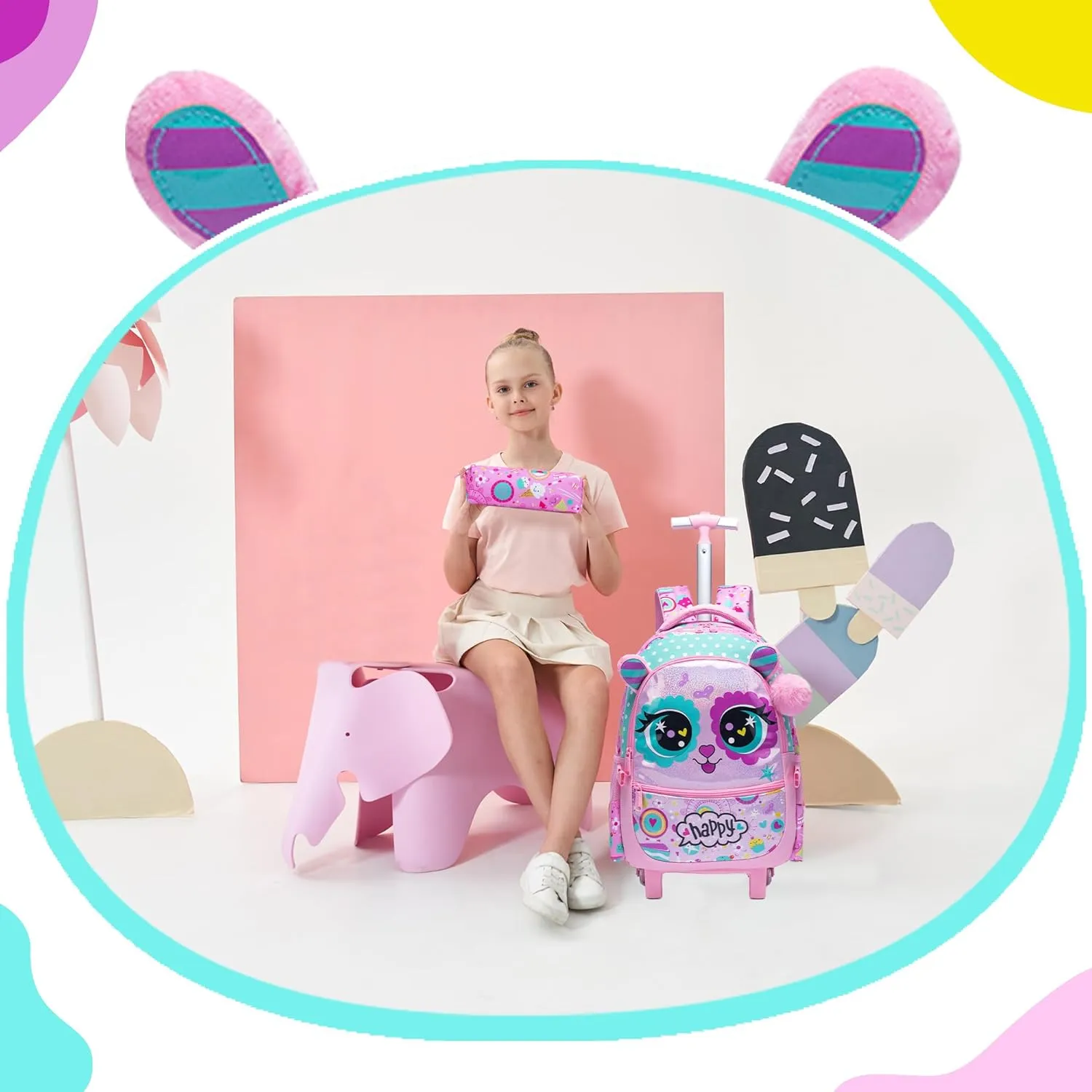 Meetbelify Rolling Backpack for Girls Backpacks with Wheels for Elementary School Students Kids 2 in 1 Travel Luggage Suitcase for Girls Age 8-10