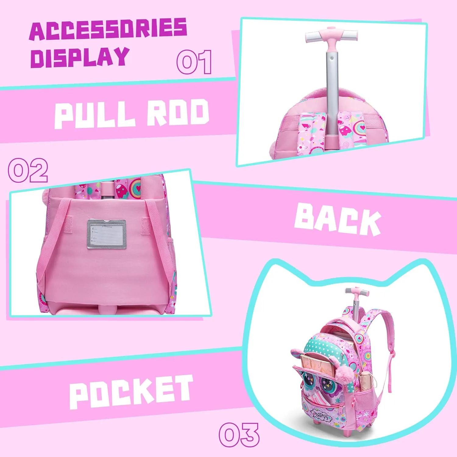 Meetbelify Rolling Backpack for Girls Backpacks with Wheels for Elementary School Students Kids 2 in 1 Travel Luggage Suitcase for Girls Age 8-10