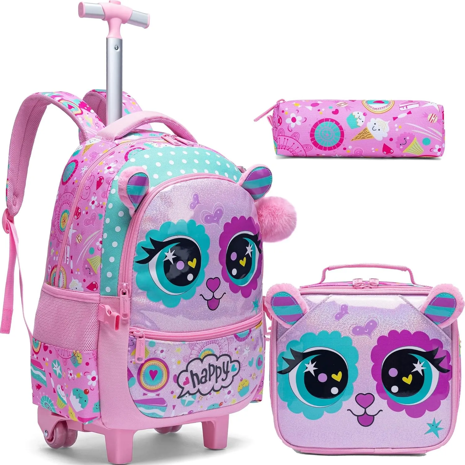 Meetbelify Rolling Backpack for Girls Backpacks with Wheels for Elementary School Students Kids 2 in 1 Travel Luggage Suitcase for Girls Age 8-10