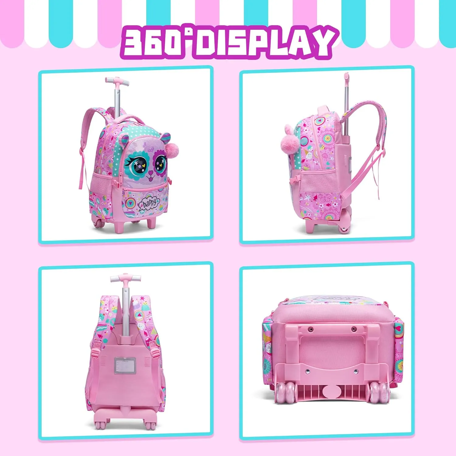 Meetbelify Rolling Backpack for Girls Backpacks with Wheels for Elementary School Students Kids 2 in 1 Travel Luggage Suitcase for Girls Age 8-10