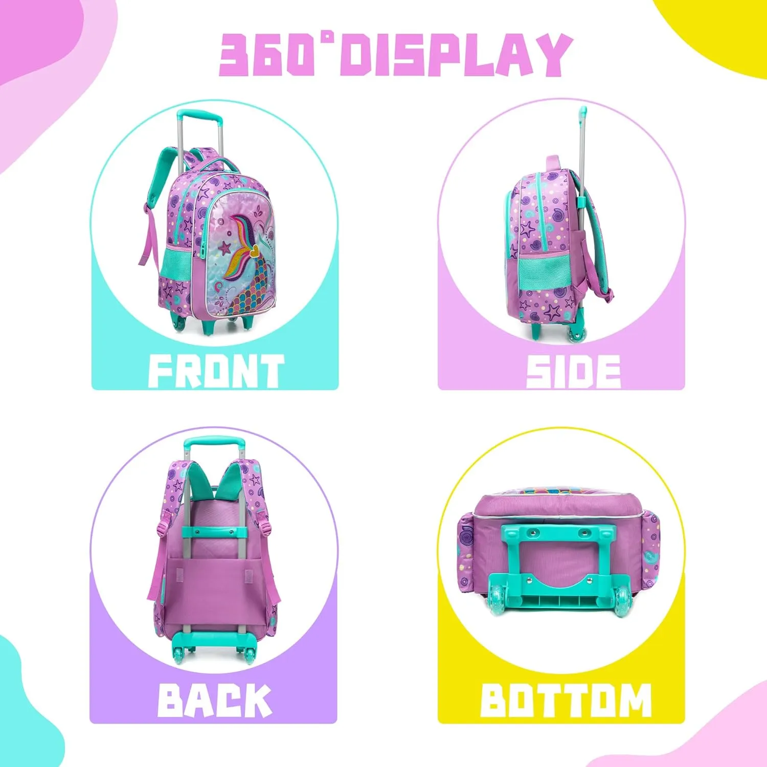 Meetbelify Rolling Backpacks for Girls Backpacks with Wheels for Elementary Students Kids Travel Luggage for Girls Ages 6-8