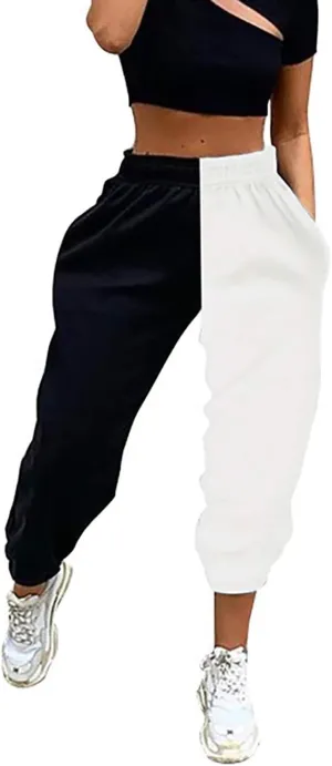 Meladyan Women's Elastic High Waist Joggers Baggy Pants Color Block Sweatpants with Pocketsc