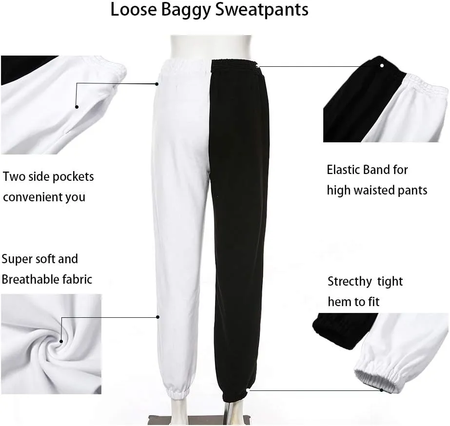 Meladyan Women's Elastic High Waist Joggers Baggy Pants Color Block Sweatpants with Pocketsc