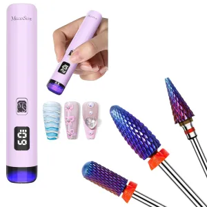 Melodysusie Handheld UV Light for Gel Nails with 3Pcs Nail Drill Bits Set, Long Flame, Smooth Round Top Small Barrel and Tapered Nib Bits