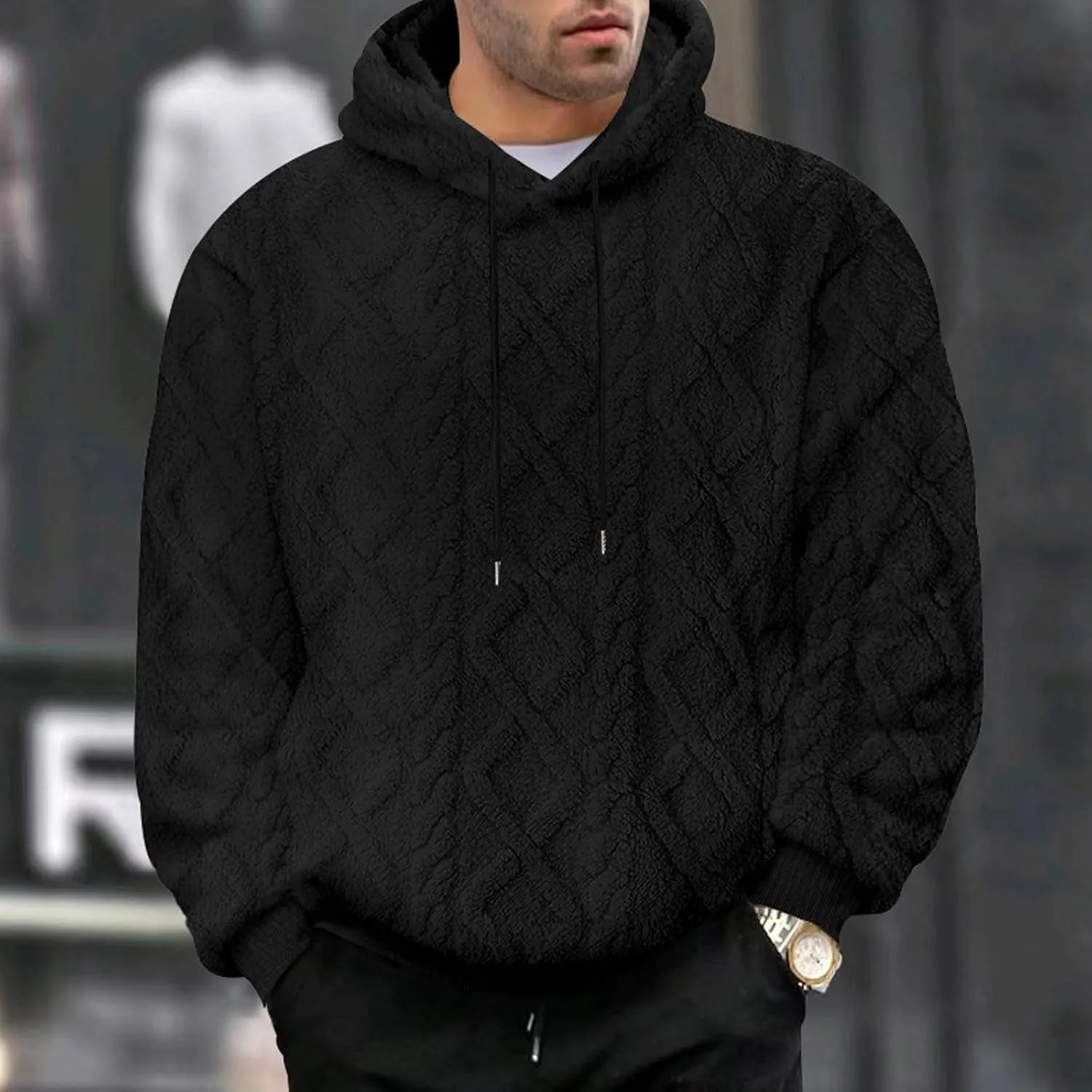 Men Fleece Hoodie Warm Thick Big And Tall Winter Pullover Tops Geometric Texture Heavyweight Thermal Pullover Sweater