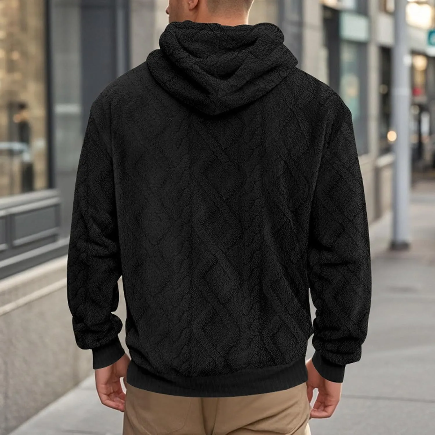Men Fleece Hoodie Warm Thick Big And Tall Winter Pullover Tops Geometric Texture Heavyweight Thermal Pullover Sweater