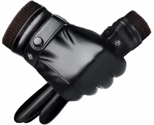 Men's Black Leather Winter Gloves, Adjustable Size, Touch Screen Compatible, Non-Slip Palm, Cashmere Lining