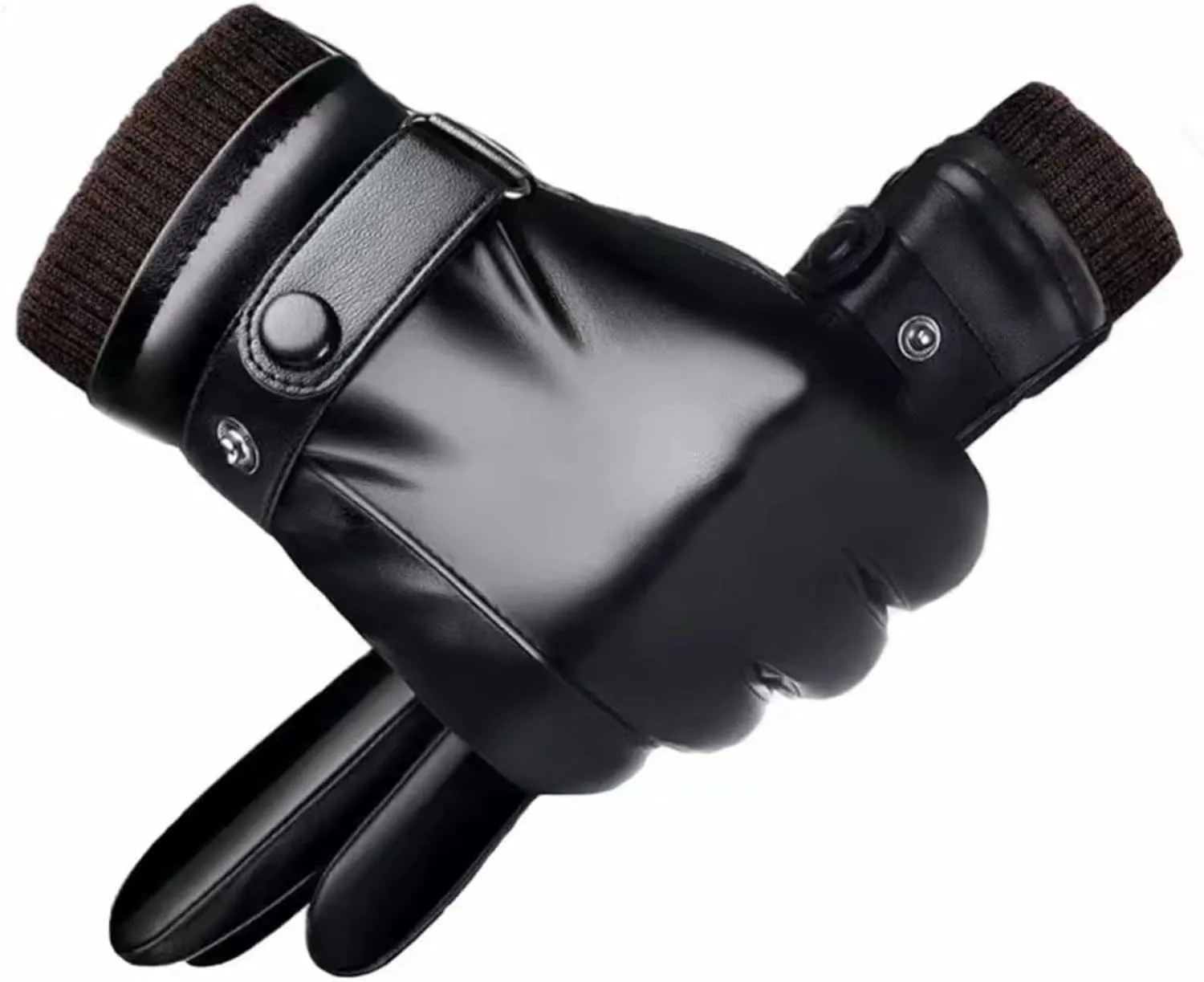 Men's Black Leather Winter Gloves, Adjustable Size, Touch Screen Compatible, Non-Slip Palm, Cashmere Lining
