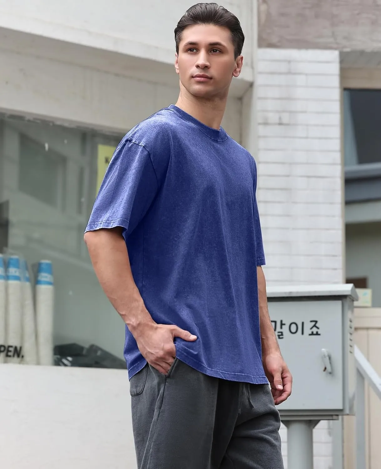 Men's Cotton T-Shirts Oversized Unisex Short Sleeves Casual Loose Wash Solid Basic Tee Tops