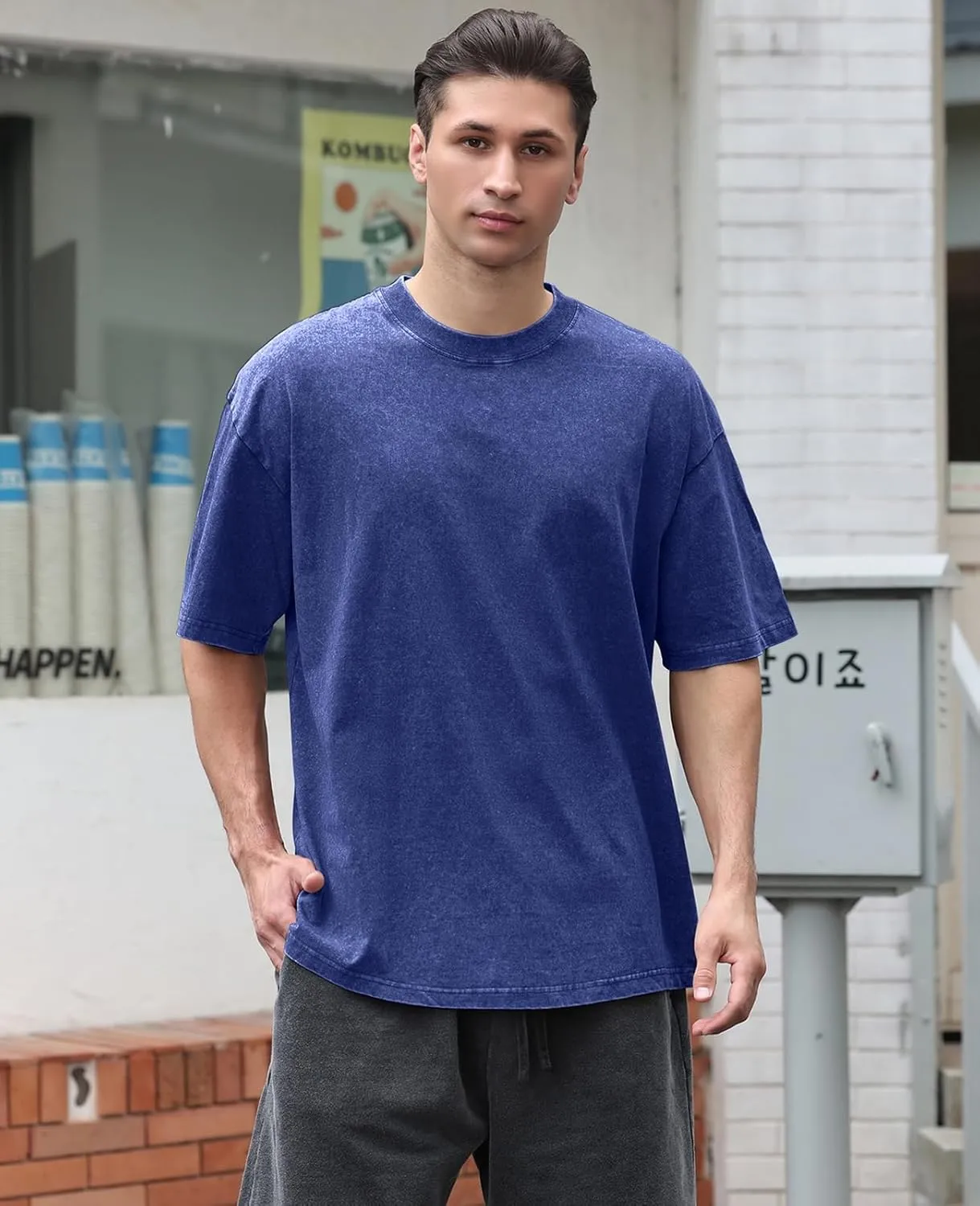 Men's Cotton T-Shirts Oversized Unisex Short Sleeves Casual Loose Wash Solid Basic Tee Tops