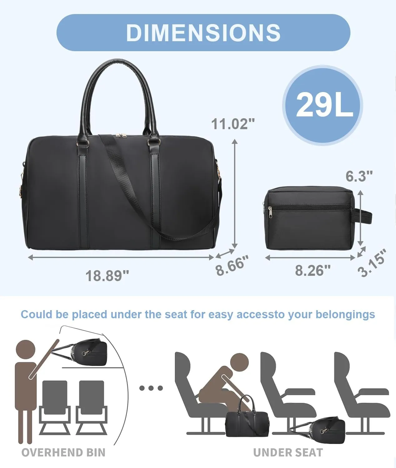 Men’s Lightweight Nylon Duffle Bag for Travel Weekender Gym Overnight, 29L Small Carry On Bags, Black