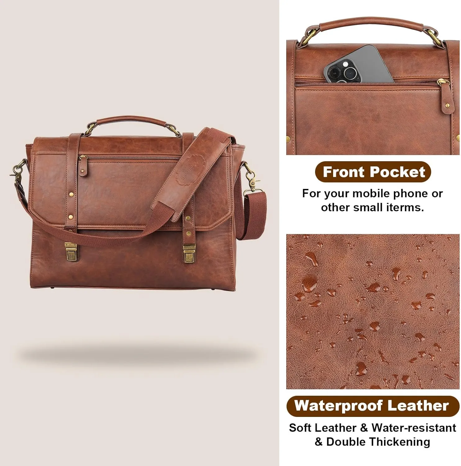 Mens messenger bag 17 inch, Waterproof Faux Leather Laptop Briefcase Large Computer Laptop Bag Leather Satchel Bag Retro Shoulder Bag for Office Business Travel College Brown