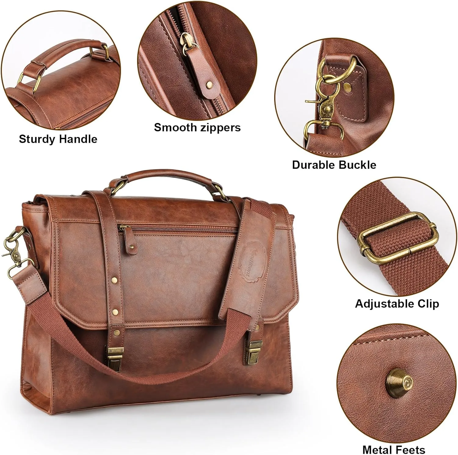 Mens messenger bag 17 inch, Waterproof Faux Leather Laptop Briefcase Large Computer Laptop Bag Leather Satchel Bag Retro Shoulder Bag for Office Business Travel College Brown