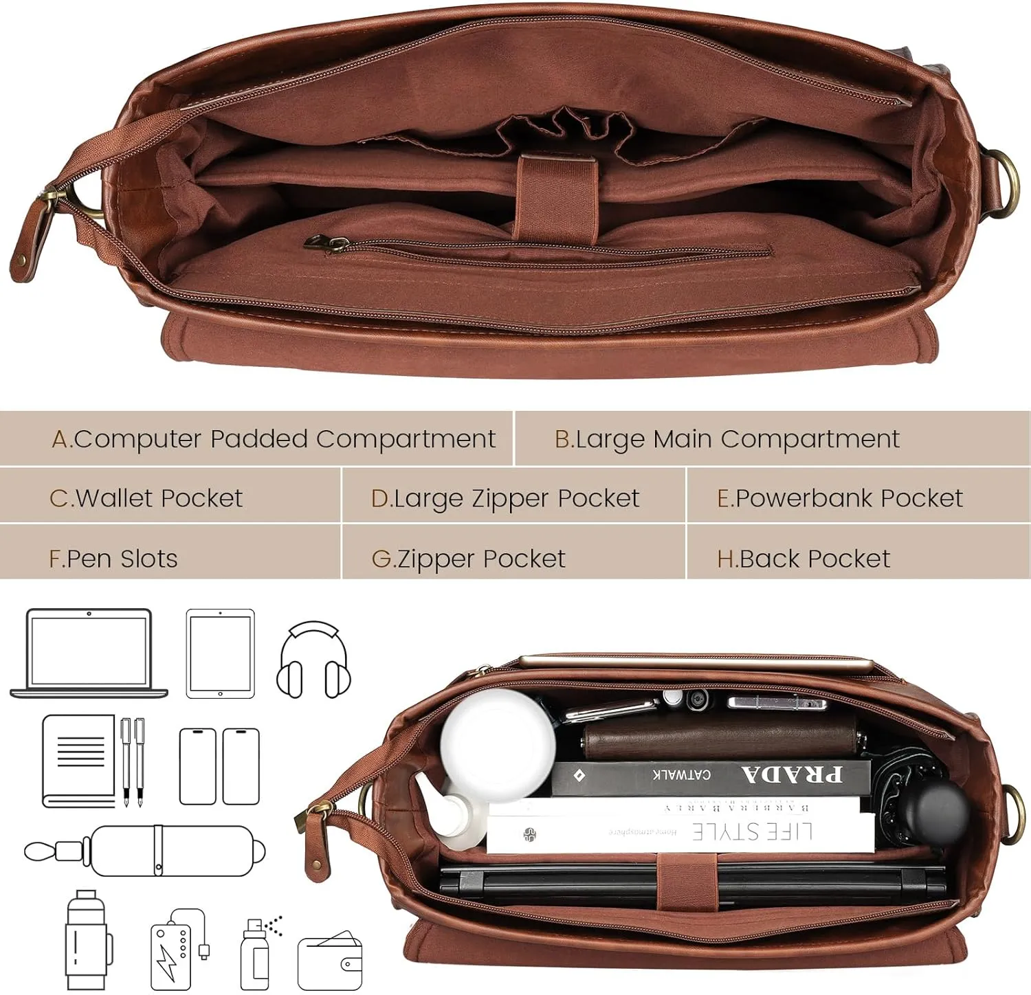Mens messenger bag 17 inch, Waterproof Faux Leather Laptop Briefcase Large Computer Laptop Bag Leather Satchel Bag Retro Shoulder Bag for Office Business Travel College Brown