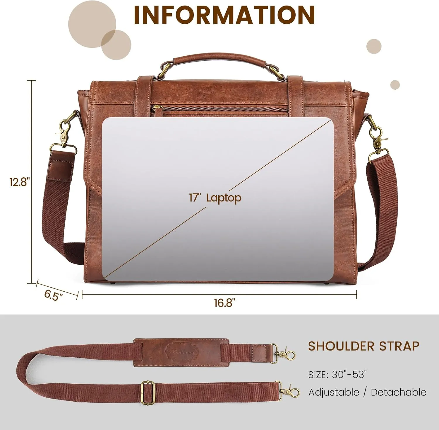 Mens messenger bag 17 inch, Waterproof Faux Leather Laptop Briefcase Large Computer Laptop Bag Leather Satchel Bag Retro Shoulder Bag for Office Business Travel College Brown