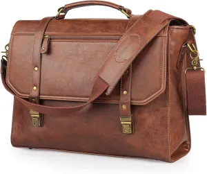 Mens messenger bag 17 inch, Waterproof Faux Leather Laptop Briefcase Large Computer Laptop Bag Leather Satchel Bag Retro Shoulder Bag for Office Business Travel College Brown