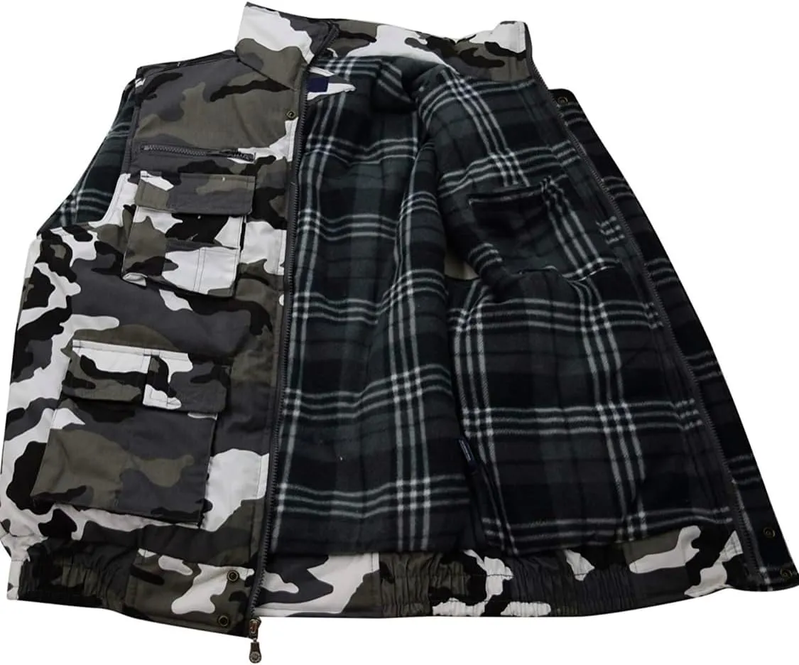 Men's Multiple Pocket Water Resistant Poplin Shell Polar Fleece Lined Padded Utility Vest
