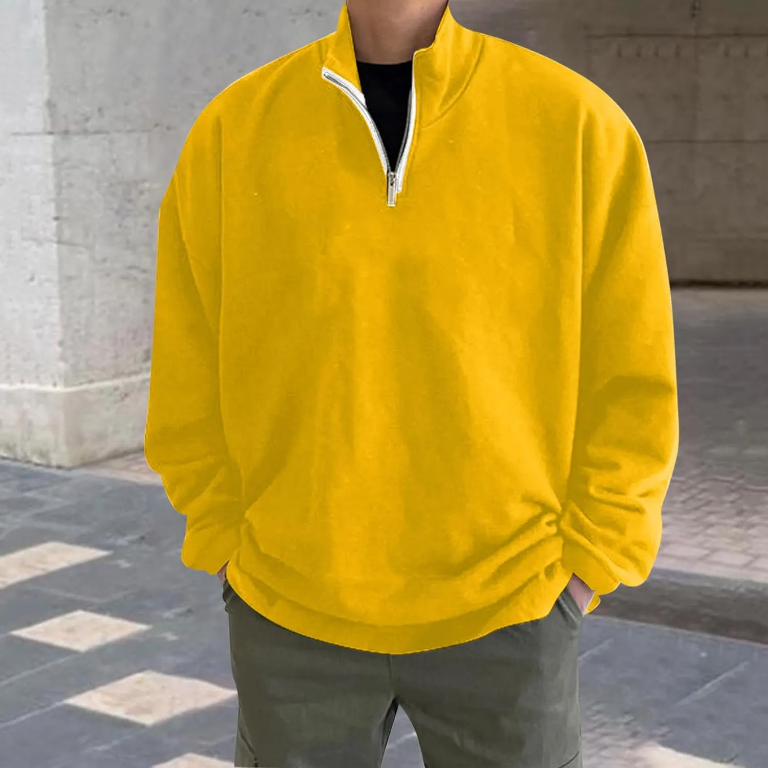 Mens Quarter Zip Pullover Sweatshirt Oversized 2024 Fall Long Sleeve T Shirt Collared Loose Casual Outdooer Pullover