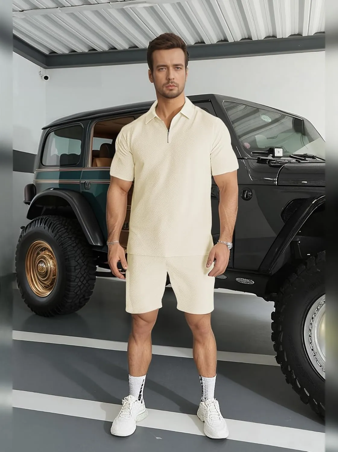 Mens Short Sets 2 Piece Outfits Summer Fashion Quarter Zip Polo & Athletic Shorts Retro Textured Vacation Tracksuit