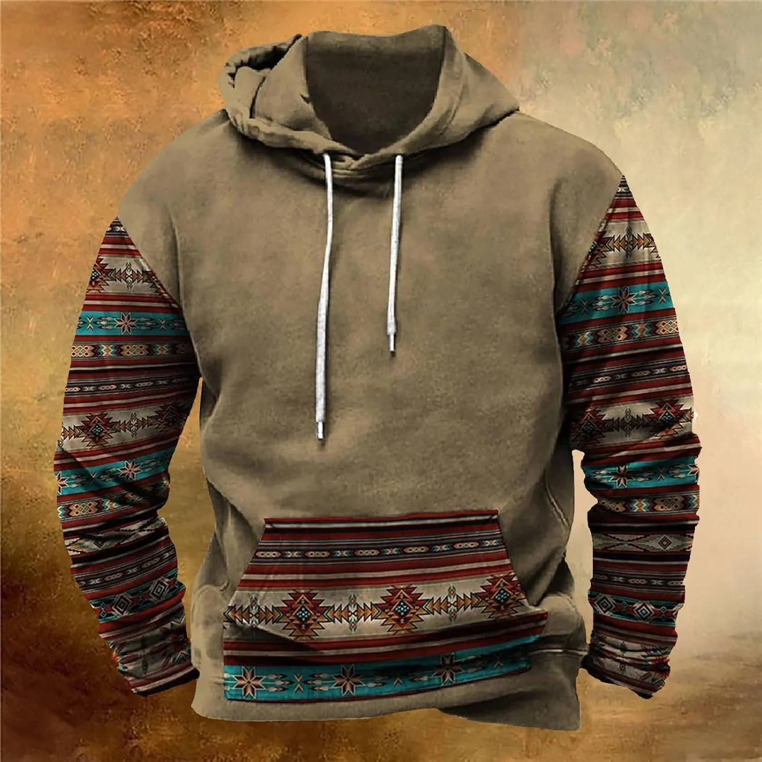 Mens Sweatshirt Hoodie Design Ethnic Print Graphic Tee Shirts Loose Drawstring Western Aztec Ethnic Hood Pullover