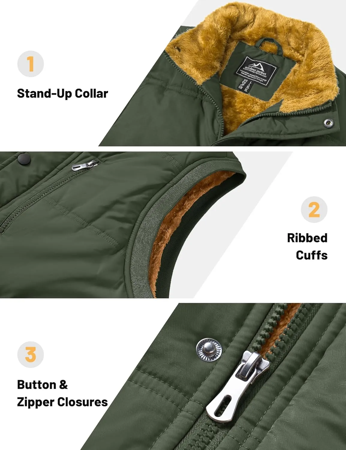 Men's Winter Vests Warm Fleece Lined Sleeveless Jackets Casual Outerwear Stand Collar Padded Coat