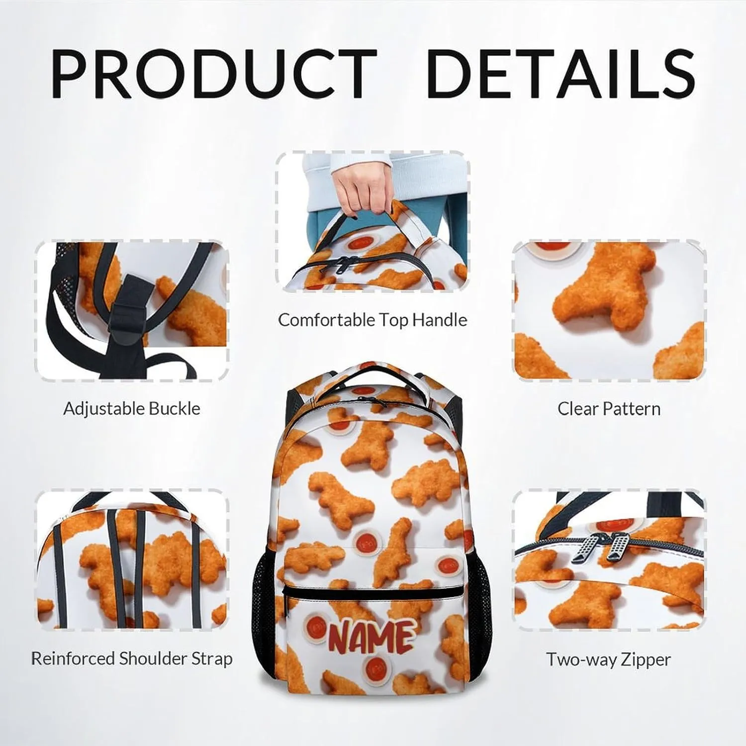 Mercuryelf Kid Backpack for Boys - 17 Inch Custom White Lightweight Durable Kid Backpack - Large Capacity Chicken Nugget Bookbag for School, Travel and Camp
