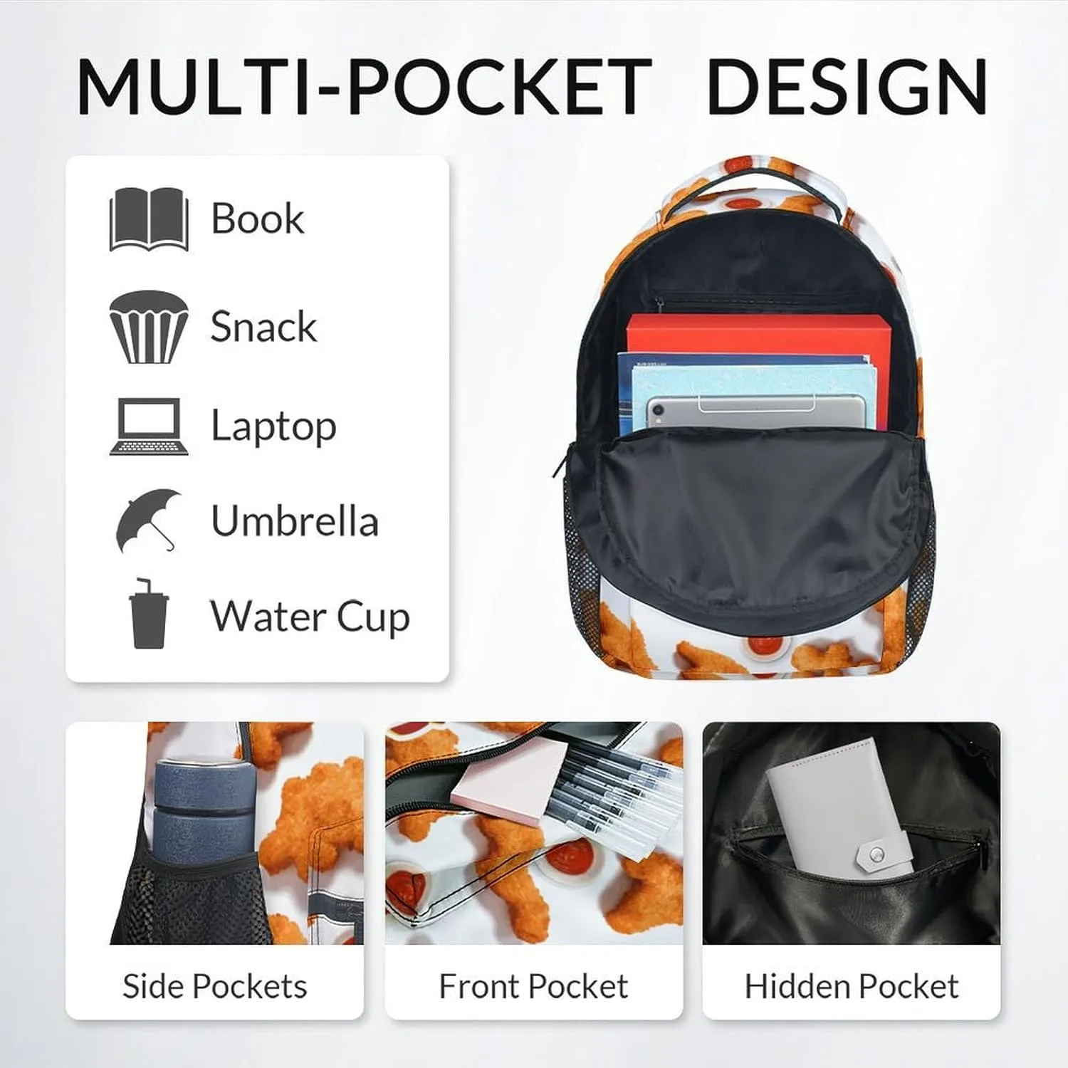 Mercuryelf Kid Backpack for Boys - 17 Inch Custom White Lightweight Durable Kid Backpack - Large Capacity Chicken Nugget Bookbag for School, Travel and Camp