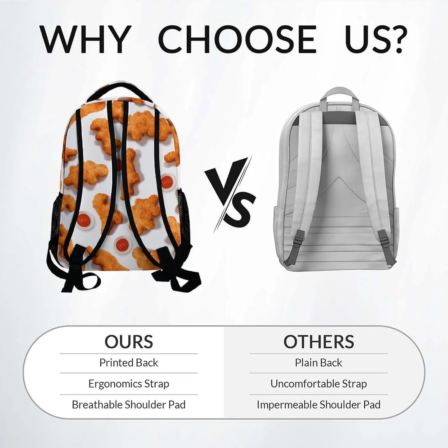 Mercuryelf Kid Backpack for Boys - 17 Inch Custom White Lightweight Durable Kid Backpack - Large Capacity Chicken Nugget Bookbag for School, Travel and Camp