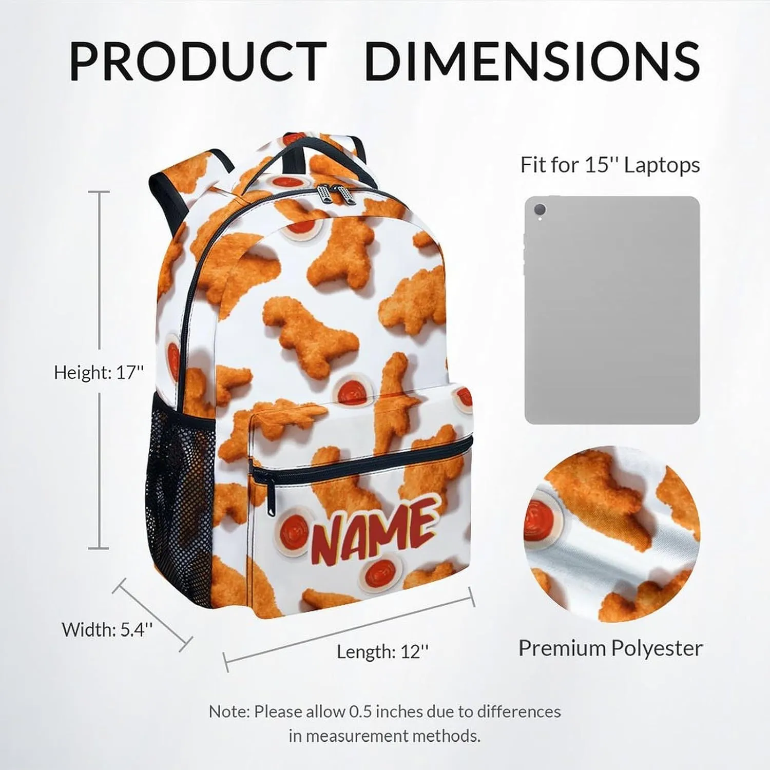 Mercuryelf Kid Backpack for Boys - 17 Inch Custom White Lightweight Durable Kid Backpack - Large Capacity Chicken Nugget Bookbag for School, Travel and Camp