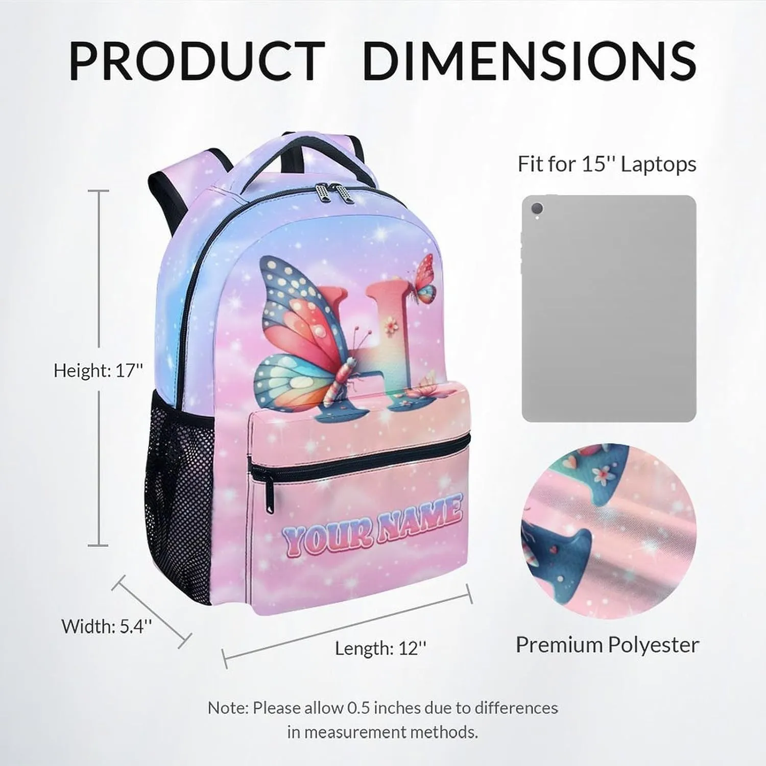 Mercuryelf Kids Backpack - Custom Kid Backpack for Name - Cute Initials Bookbag for Girls - 17 Inch School Bag