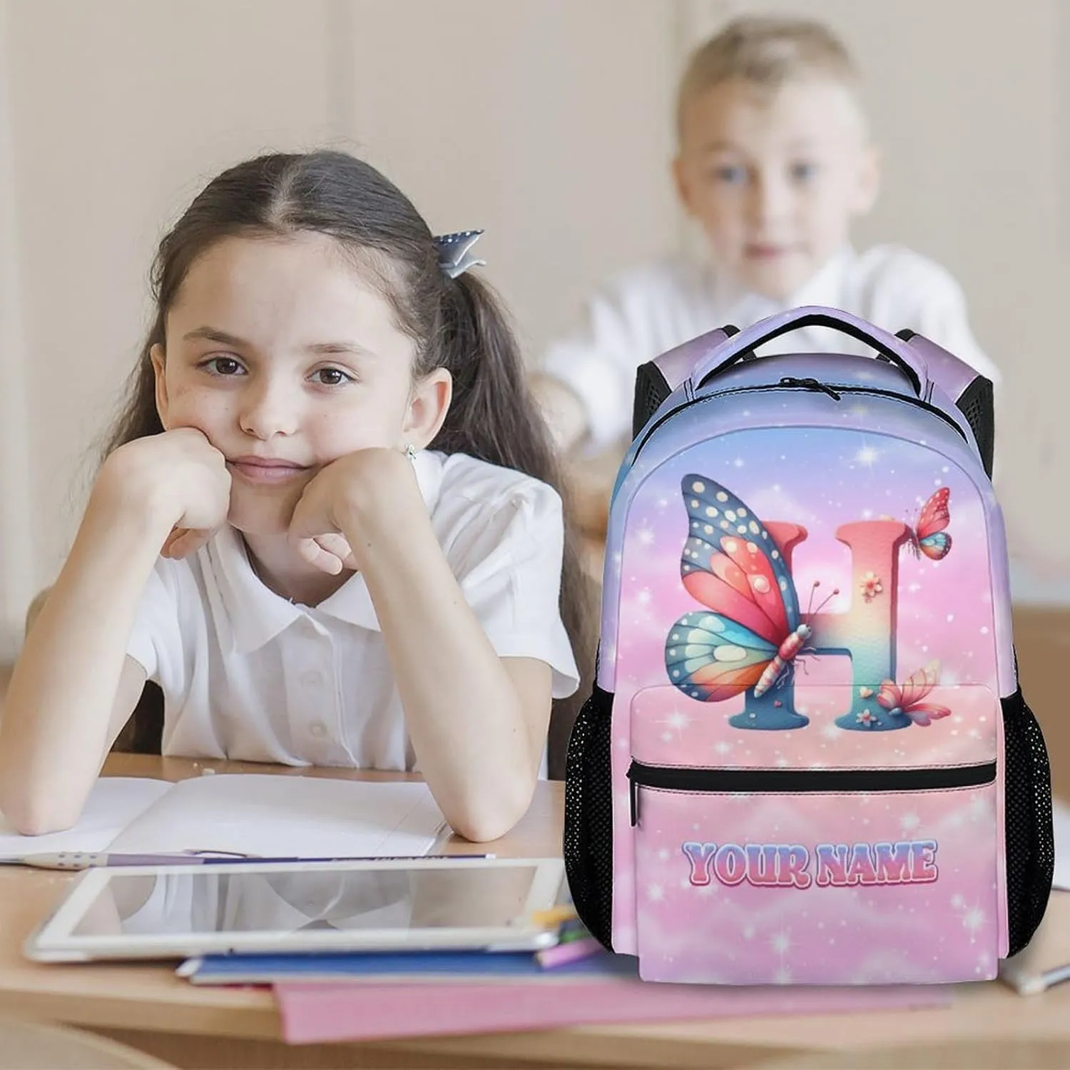 Mercuryelf Kids Backpack - Custom Kid Backpack for Name - Cute Initials Bookbag for Girls - 17 Inch School Bag