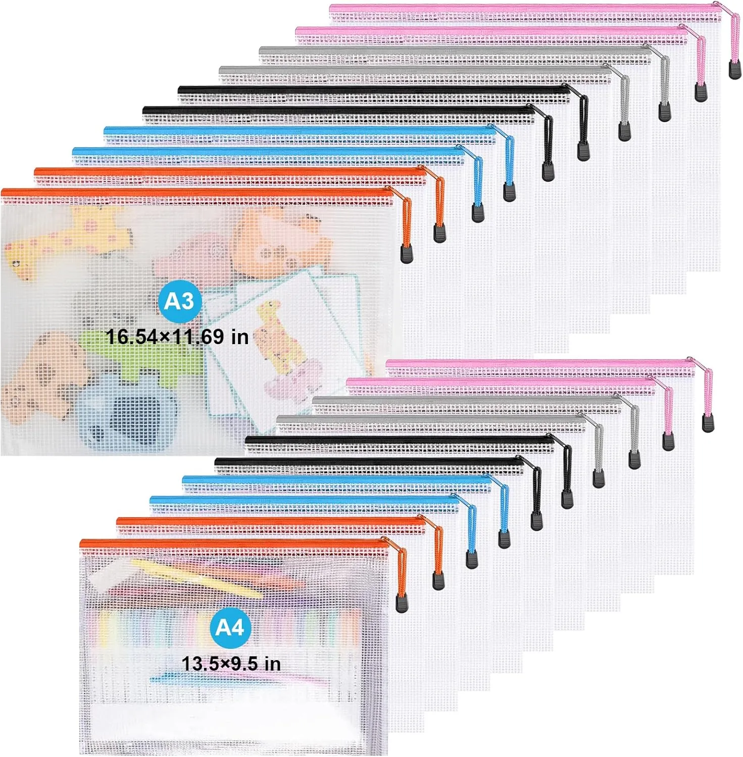 Mesh Zipper Pouch Bags,Zipper Pouches,Mesh Zipper Bags for Organizing,Storage Bags for Office Supplies,Puzzle & Board Game Storage. (A3(10 Pcs) A4(10 Pcs))