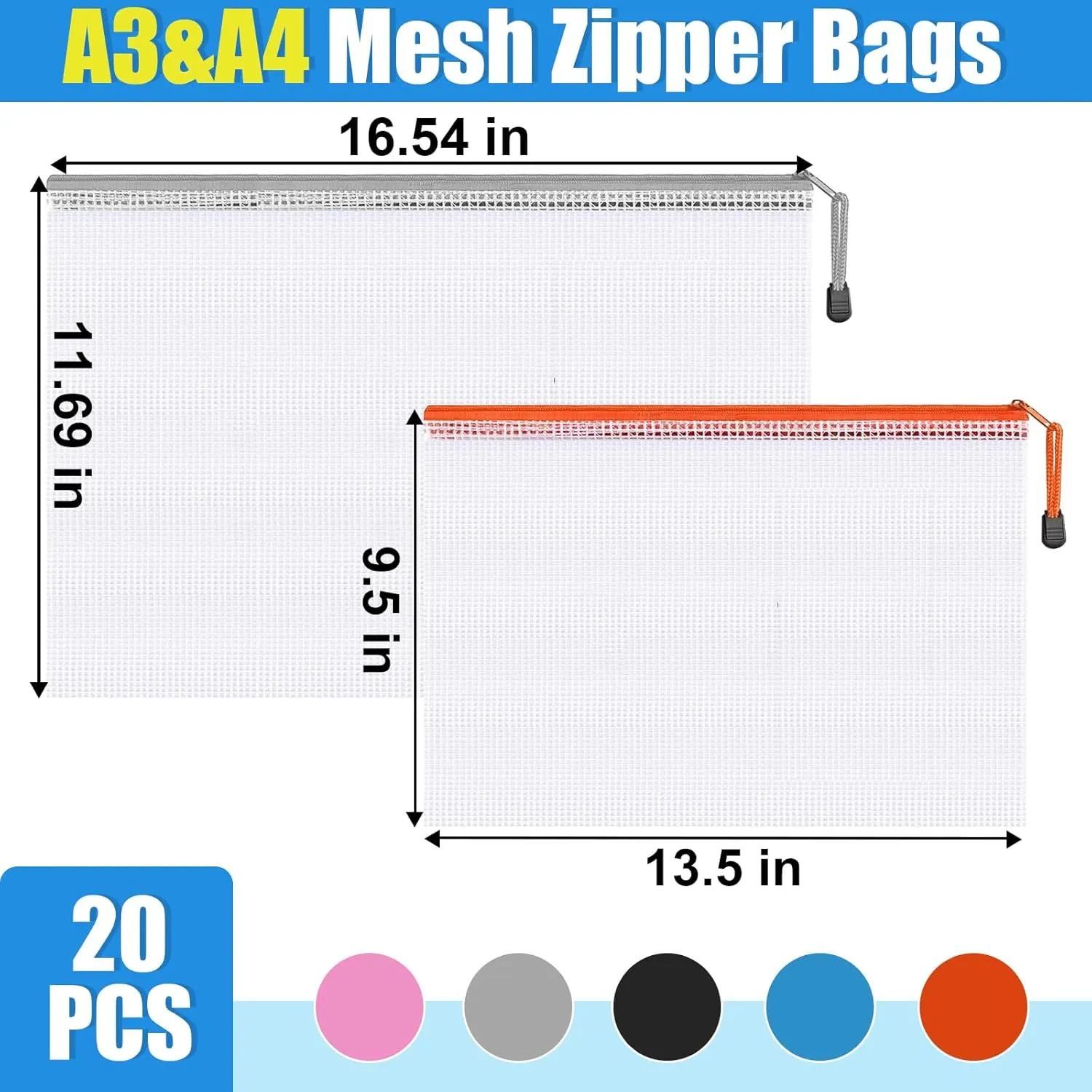 Mesh Zipper Pouch Bags,Zipper Pouches,Mesh Zipper Bags for Organizing,Storage Bags for Office Supplies,Puzzle & Board Game Storage. (A3(10 Pcs) A4(10 Pcs))