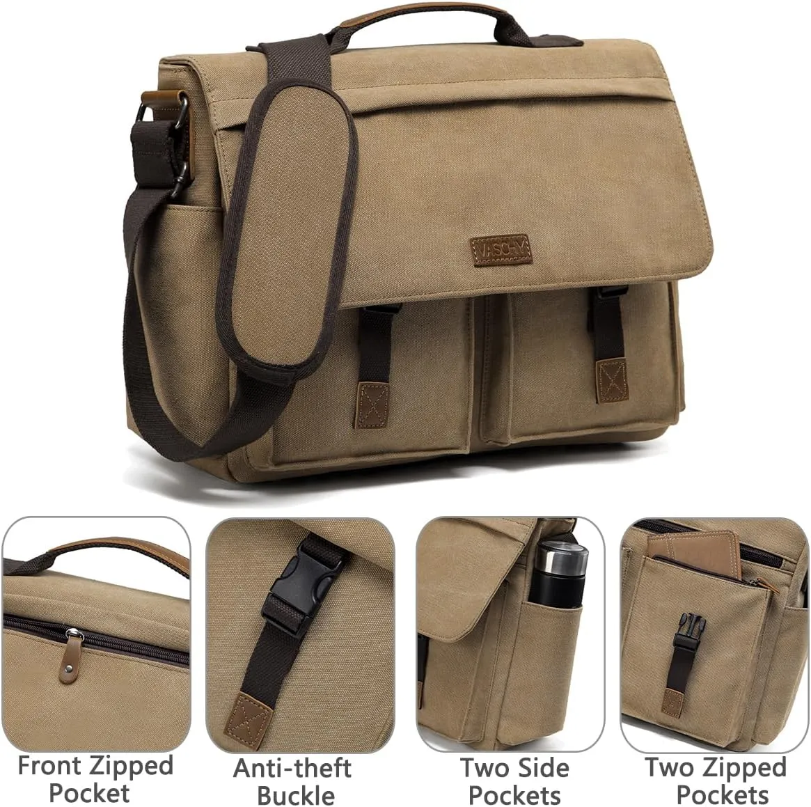 Messenger Bag for Men,VASCHY Vintage Water Resistant Canvas Satchel 14 15.6 17inch Laptop Briefcase