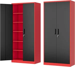 Metal Storage Cabinet-72” Tall Steel File Cabinets with Lockable Doors and Adjustable Shelves-Black&Red Steel Storage Cabinet for Home, School, Office, Garage