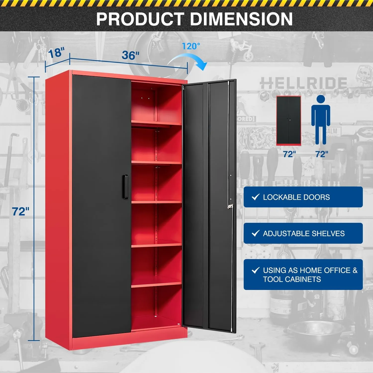 Metal Storage Cabinet-72” Tall Steel File Cabinets with Lockable Doors and Adjustable Shelves-Black&Red Steel Storage Cabinet for Home, School, Office, Garage